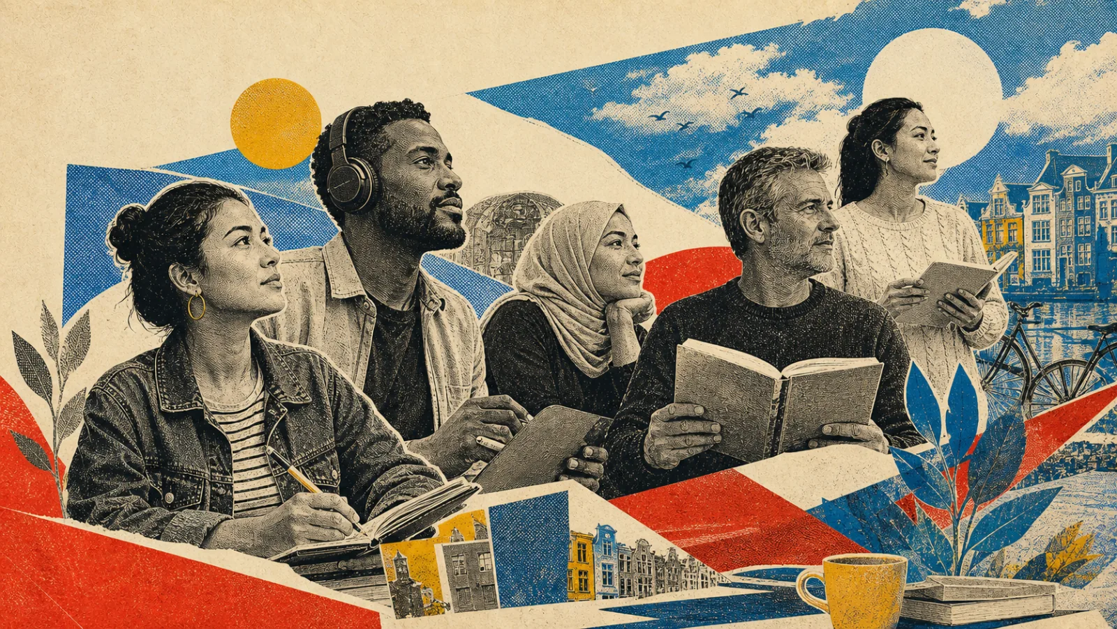 A diverse group of adult learners studying Dutch together
